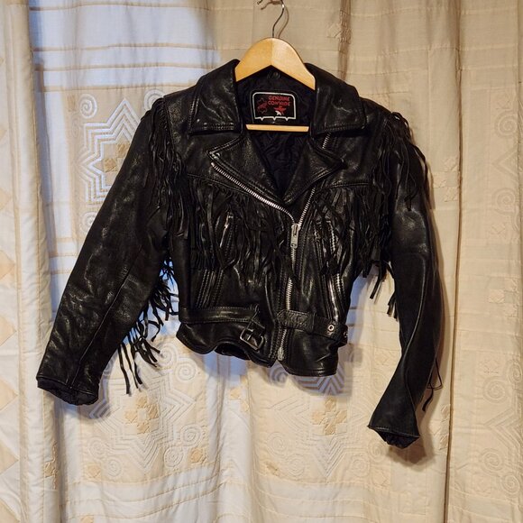 🏍️ First Fringe Genuine Cowhide Leather Biker Jacket Cropped Black 🤠 - Picture 2 of 7